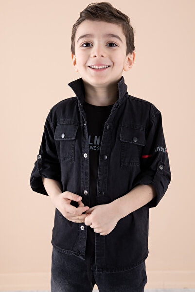 Cansın Mini Black Back Printed Jean Shirt t Shirt Boy's 2 Piece Suit 20270