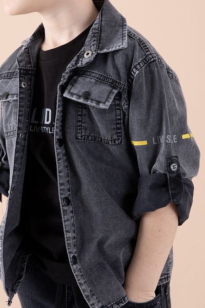 Cansın Mini Tricou cămașă din blugi cu imprimeu pe spate afumat Băieți Copii Costum 2 piese 20271