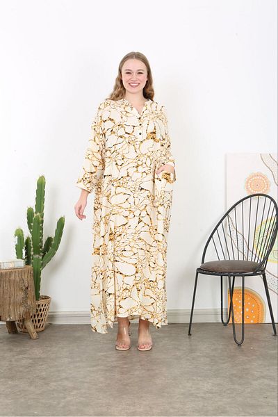 Şans Women's Plus Size Bone Woven Viscose Fabric Front Placket Button Long Sleeve Dress 65N38730