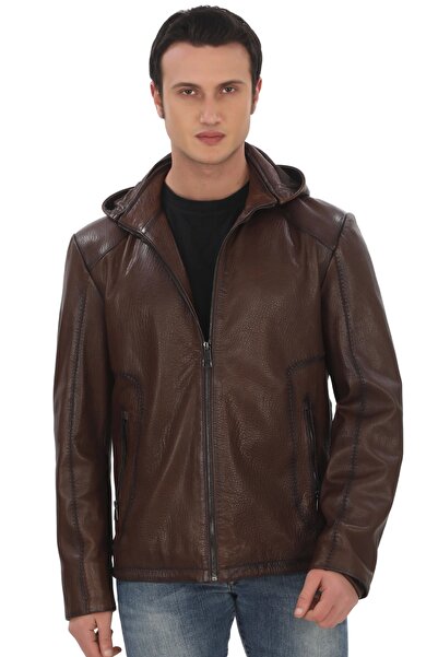 PayBuy Men's Detachable Hood Genuine Lambskin Jacket Brown Casual Leather Coa...