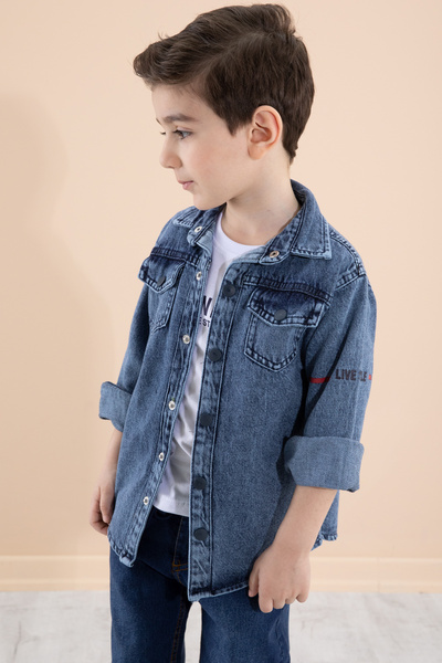 Cansın Mini Mavi Bisiklet Yaka Tişörtlü Sırtı Baskılı Erkek Çocuk Jean Gömlek 20088