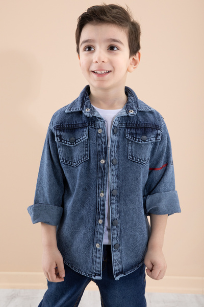 Cansın Mini Mavi Bisiklet Yaka Tişörtlü Sırtı Baskılı Erkek Çocuk Jean Gömlek 20088