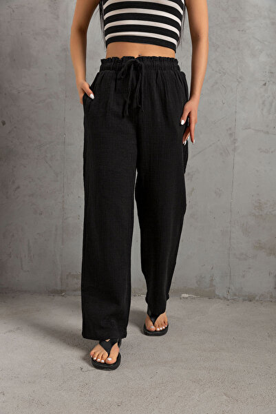 Maule Dámské kalhoty širokého černého mušelínu - šněrování a elastická kapsa @lugo
