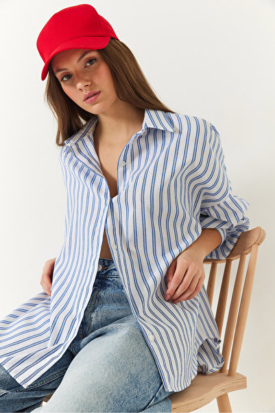 Bianco Lucci Kadın Çizgili Oversize Standart Mevsimlik Basic Gömlek 2021 60271072