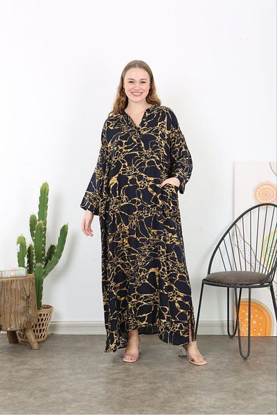 Şans Women's Plus Size Navy Blue Woven Viscose Fabric Front Placket Button Long Sleeve Dress 65N38730