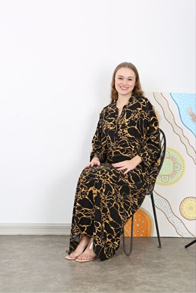 Şans Γυναικείο μακρυμάνικο φόρεμα με μπροστινό κουμπί με μαύρο υφαντό βισκόζη 65N38730