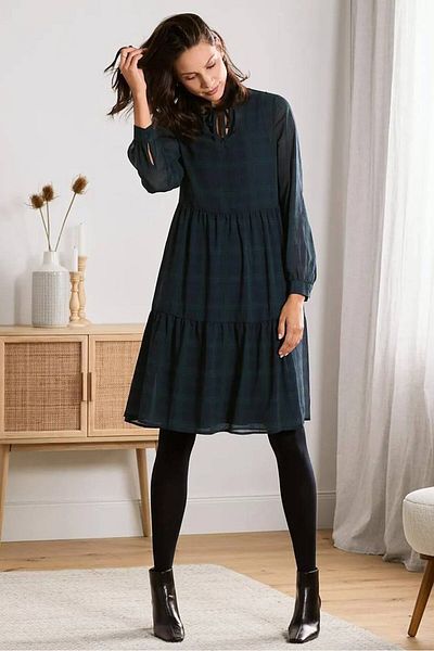 Tchibo Women Checkered Midi Casual Dress, Green and Navy Blue