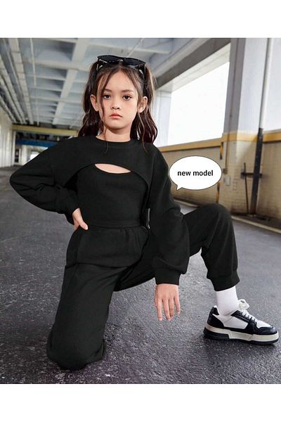 aden kids Black Color Crop Top and Bottom Set 3 Pieces
