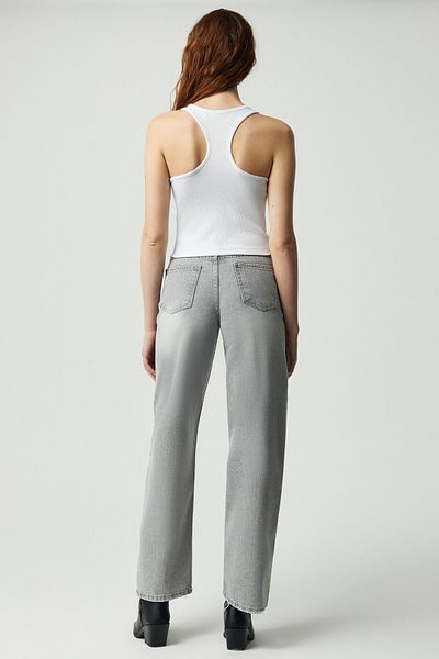 GRIMELANGE Cocına Women's Relaxed Fit Wide Leg 100% Cotton Washed Gray Trousers