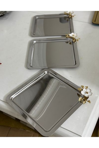 SEVA ÇELİK Stainless Steel 3 Pcs Square Model White Flower Service and Presentation Table