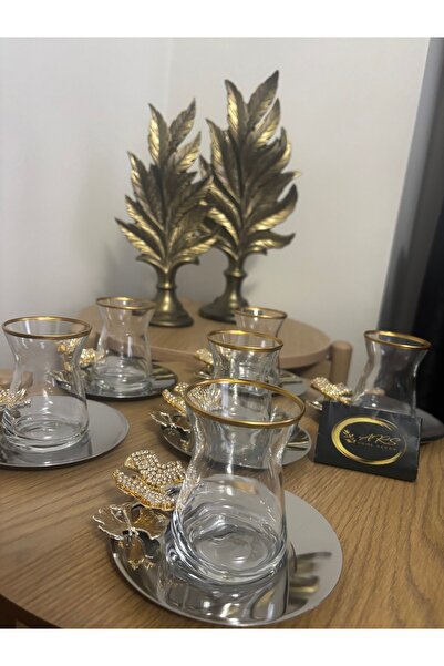 Paşabahçe Ars Metal Plate and Butterfly Stone 12 Piece Tea Set for 6 People, Tea Set, Metal Tea Plate