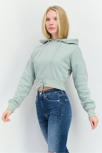 Juice Women Hood With Drawstring Plain Long Sleeve Cropped Sweatshirts, Sage Green