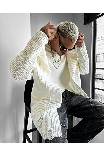 elkumoda Naturel Pamuk Lazer Kesim Yırtık Detaylı Kapüşonlu Örgü Panço Hırka Salaş Triko Hırka Modeli