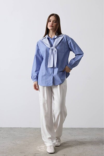 Byelmira قميص Garni مخطط ومفصل للنساء باللون الأزرق