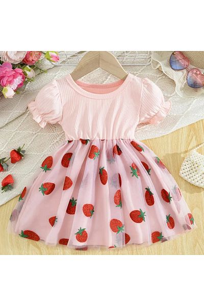darko Strawberry Pink Red Short Sleeve Tutu Tutu Skirt Cute Baby Girl Dress Eid