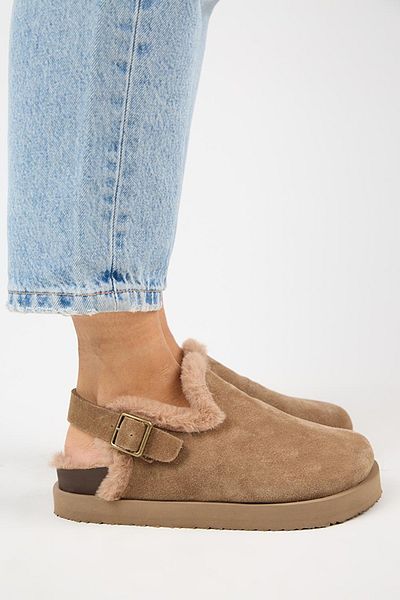 Manijero Holly 2 Furry Platform – Nerzfarbene Damensandalen aus echtem Leder mit Gürtel und Schnalle – Größe 39
