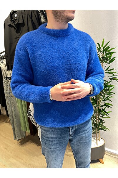 PLUS MAN Erkek Peluş Oversize Kazak Saks Mavisi