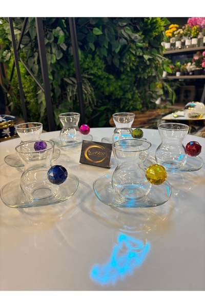 ARS COLLECTION Paşabahçe Renkli kristal toplu Dantel çay seti 6 kişilik 12 parça çay takımı