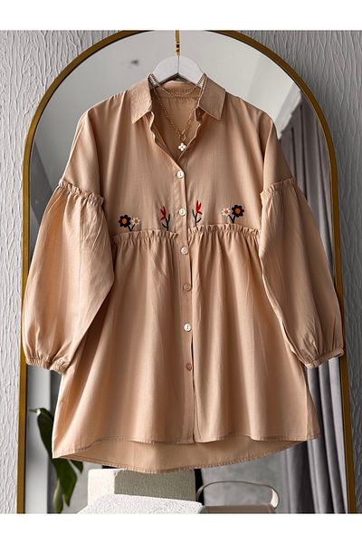 Butik Poplin Shirt - Embroidery Detail, Nude Color