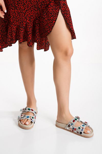 PASSAGE SHOES Γυναικείες Παντόφλες ΜΠΕΖ - Γνήσιο καστόρι, Πέτρινη λεπτομέρεια, Μοντέλο 6305