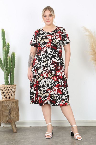 Madwilo Women's Red Beige Wing Pattern Stretchy Viscose Basic Dress