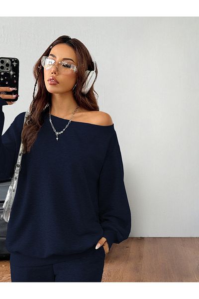 poswicon Navy Blue Loose Wide Collar High Waist Spanish Leg Pants Sweatshirt Suit
