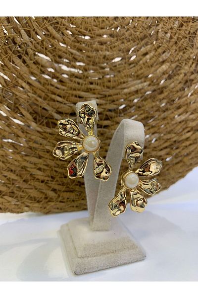 LUFES Half Flower Gold Metal Earrings with Pearl Detail