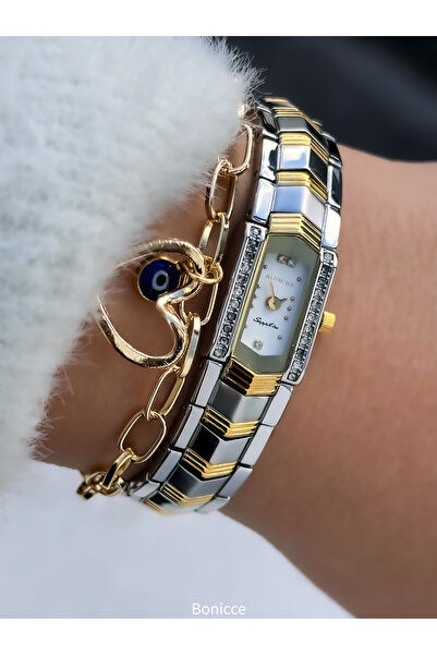 Almera Vintage Minimal Vip Design - Gold-Silver Steel Band Women's Wristwatch with Heart Bracelet Gift