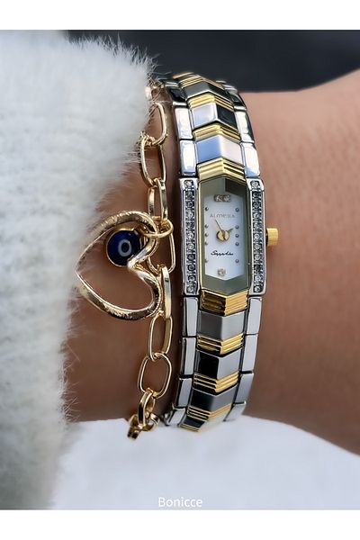 Almera Vintage Minimal Vip Design - Gold-Silver Steel Band Women's Wristwatch with Heart Bracelet Gift