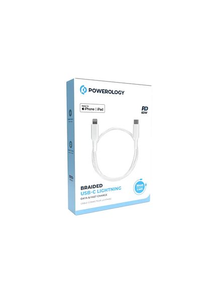Powerology Mfi Braided Type-C To Lightning Cable 30Cm - White