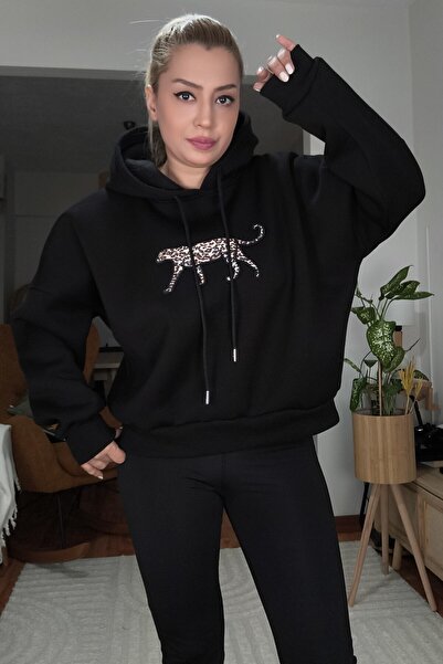 MADAMMERY Swea cu broderie leopard tricou NEGRU