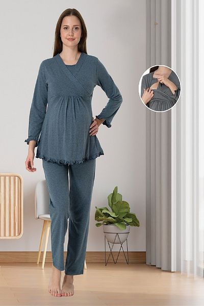 Puerpera Maternity Maternity Nightgown Dressing Gown and Pajamas Set with Effortt Secret Breastfeeding 4046