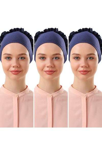 Melodi Scarf Navy Blue 3-Piece Hijab Set with Ruffles and Stitching Detail