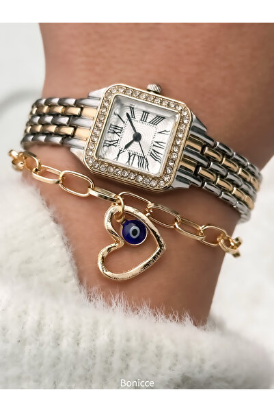 Bonicce Colorful Metal Cord Evil Eye Beaded Women's Wristwatch and Bracelet Set