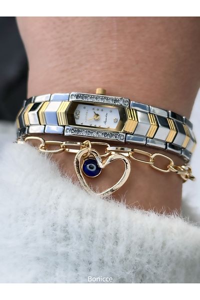 Almera Vintage Minimal Vip Design - Gold-Silver Steel Band Women's Wristwatch with Heart Bracelet Gift