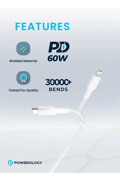 Powerology Mfi Braided Type-C To Lightning Cable 30Cm - White