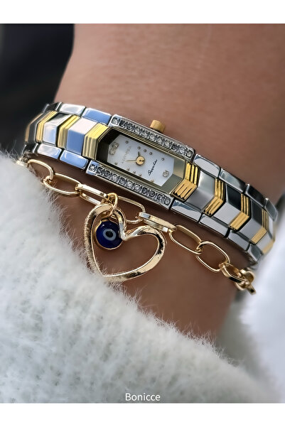 Almera Vintage Minimal Vip Design - Gold-Silver Steel Band Women's Wristwatch with Heart Bracelet Gift