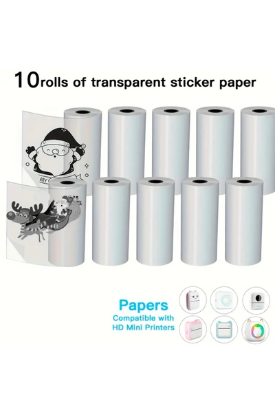 NorthAK 10 Adet Mini Yazıcı Rulosu Şeffaf Sticker - 10x Şeffaf Sticker Yapışk...