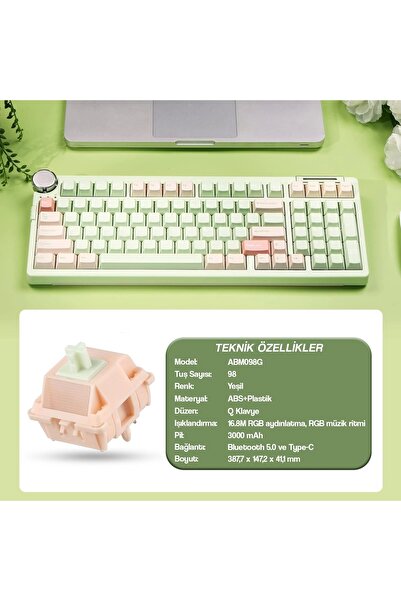 CIDOO ABM098 Programlanabilir Esports RGB Mekanik 3 Mode Kablosuz Klavye (YEŞİL)