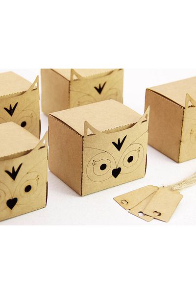 Tasarım Şeker Owl Shaped Kraft Cardboard Box - Gift Box - 25 Pieces