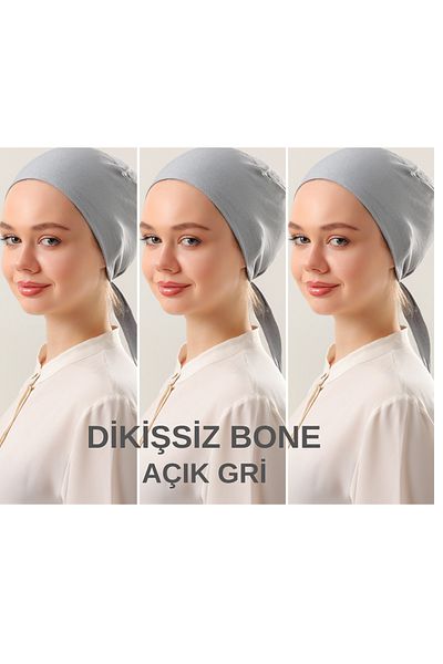 Melodi Scarf Ανοιχτό γκρι Hijab Χτενισμένο βαμβακερό καπό - Σετ 3 τεμαχίων δεμένο