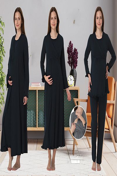 Puerpera Maternity Maternity Nightgown Dressing Gown and Pajamas Set with Effortt Secret Breastfeeding 4046