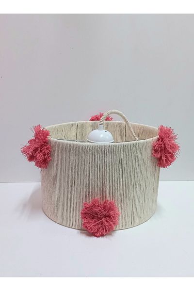 C&A&B KUZEY AVİZE Ecru Macrame Rope Wrapped Pomegranate Flower Pompom Baby Girl and Children's Room Design Pendant Lamp Chandelier