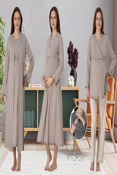 Puerpera Maternity Maternity Nightgown Dressing Gown and Pajamas Set with Effortt Secret Breastfeeding 4046