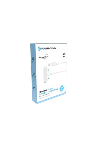 Powerology Pd60W Braided Usb-C To Usb-C + Lightning Cable - White