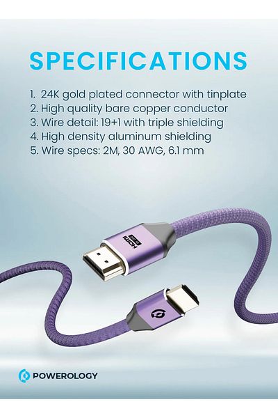 Powerology كابل مضفر 8K HDMI إلى HDMI بطول 2 متر - أرجواني