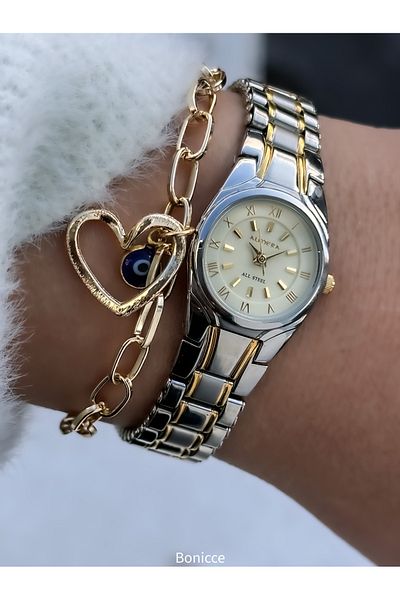 Almera Vintage Minimal Vip Design - Gold-Silver Steel Band Women's Wristwatch with Heart Bracelet Gift