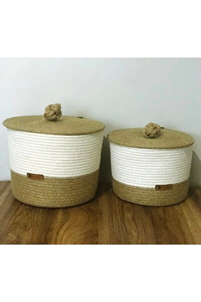 Hediyeninellitonu مجموعة من سلتين خوص، منظم متعدد الأغراض، حبل 6 مم، أبيض ولون الجوت