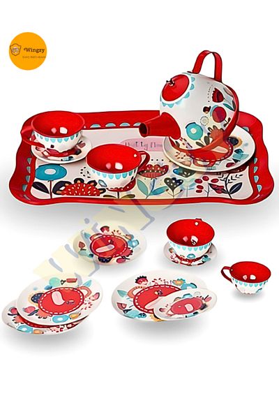 Wingzy Floral Pattern Metal Tea Set, 15 Pieces, Children's Kitchen Toy Set, Girl's Dollhouse Tea Set