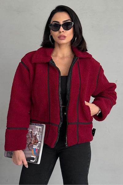 moda armanc Burgundy Plush Coat with Stripe Detail
